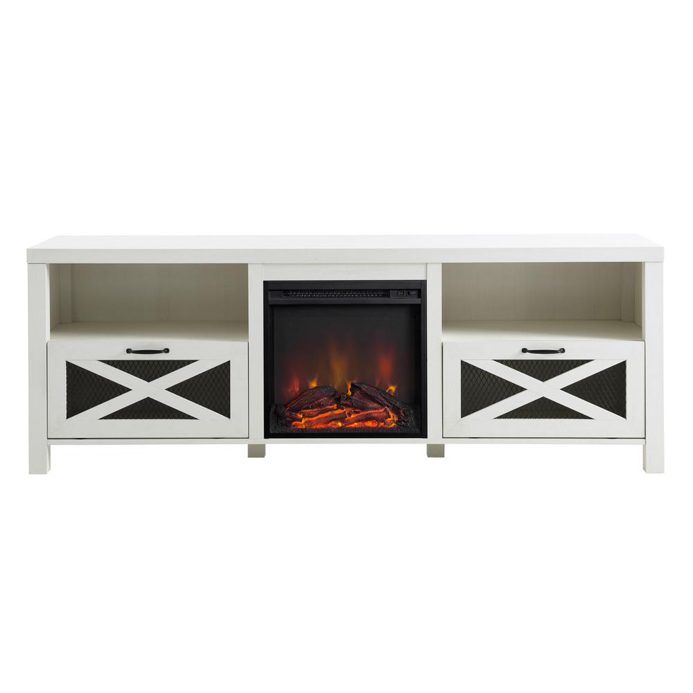 Farmhouse Drop Door Electric Fireplace TV Stand for TVs up to 80 Inches – Brushed White. Picture 7