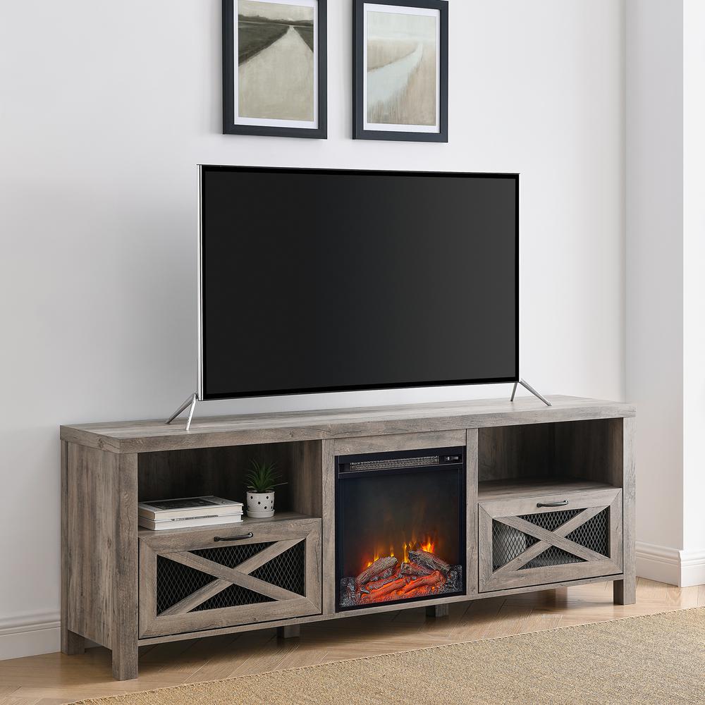 70" Rustic Farmhouse Fireplace TV Stand - Grey Wash. Picture 2