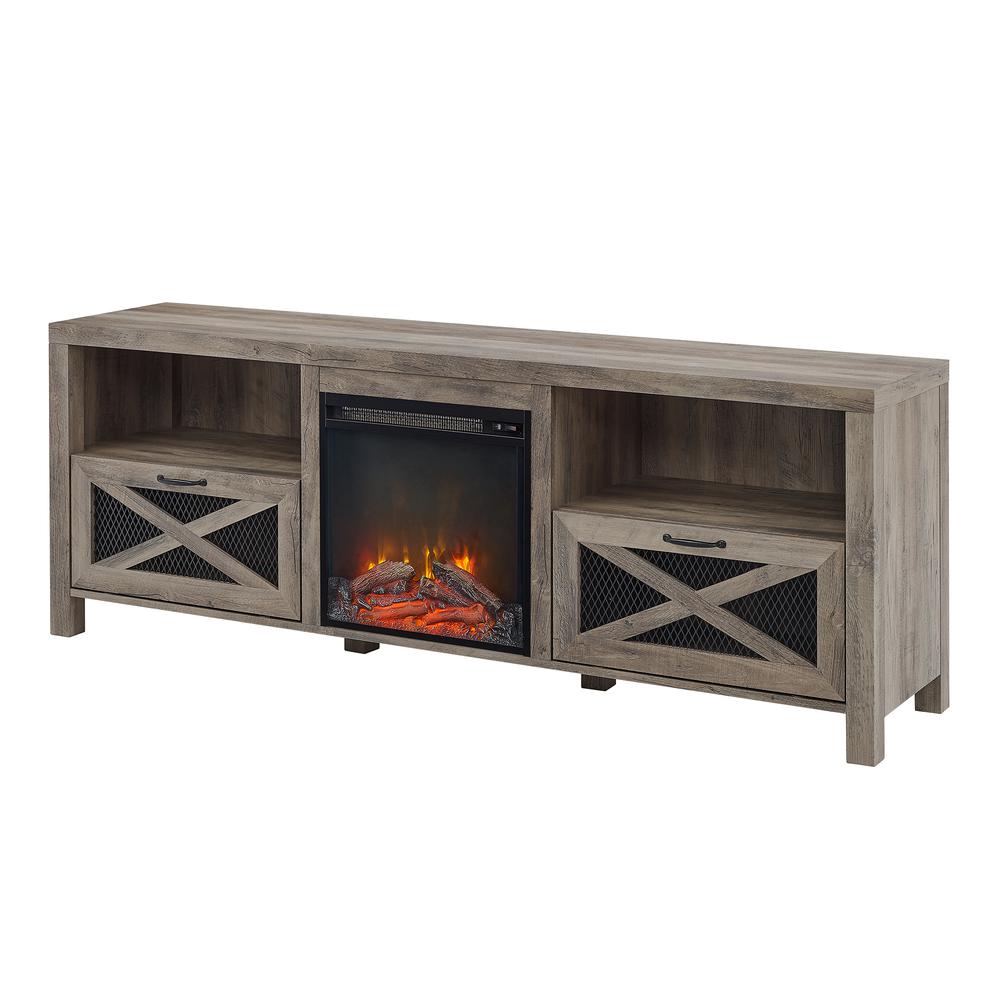 70" Rustic Farmhouse Fireplace TV Stand - Grey Wash. Picture 3