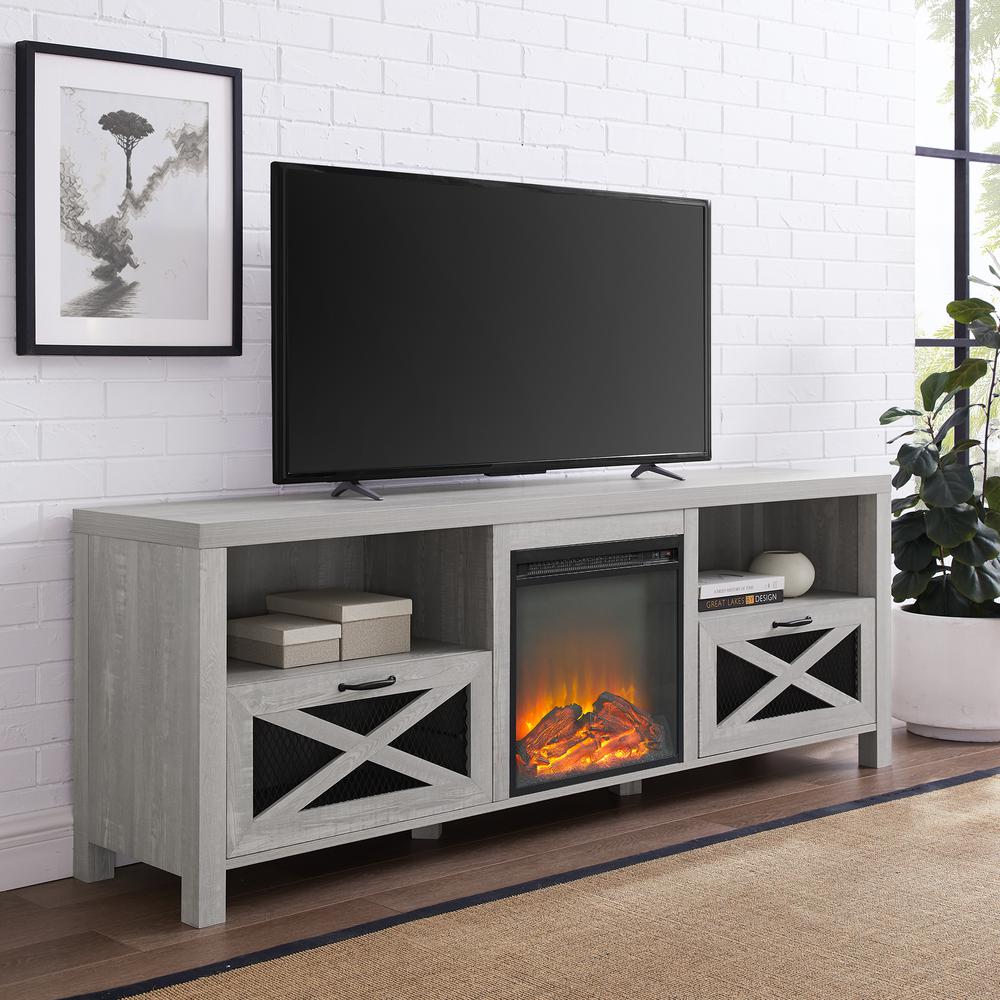 70" Rustic Farmhouse Fireplace TV Stand - Stone Grey. Picture 3
