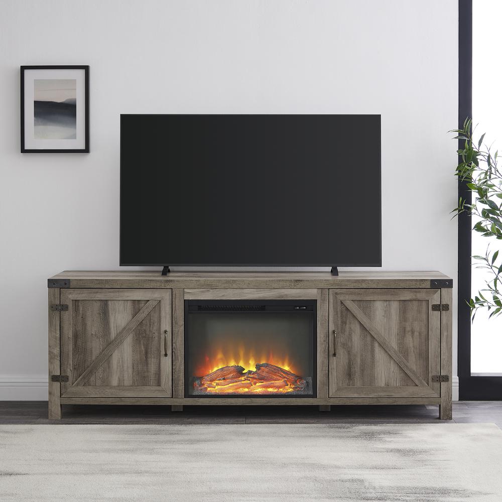 Farmhouse Barn Door Fireplace TV Stand for TVs up to 80” – Grey Wash. Picture 7