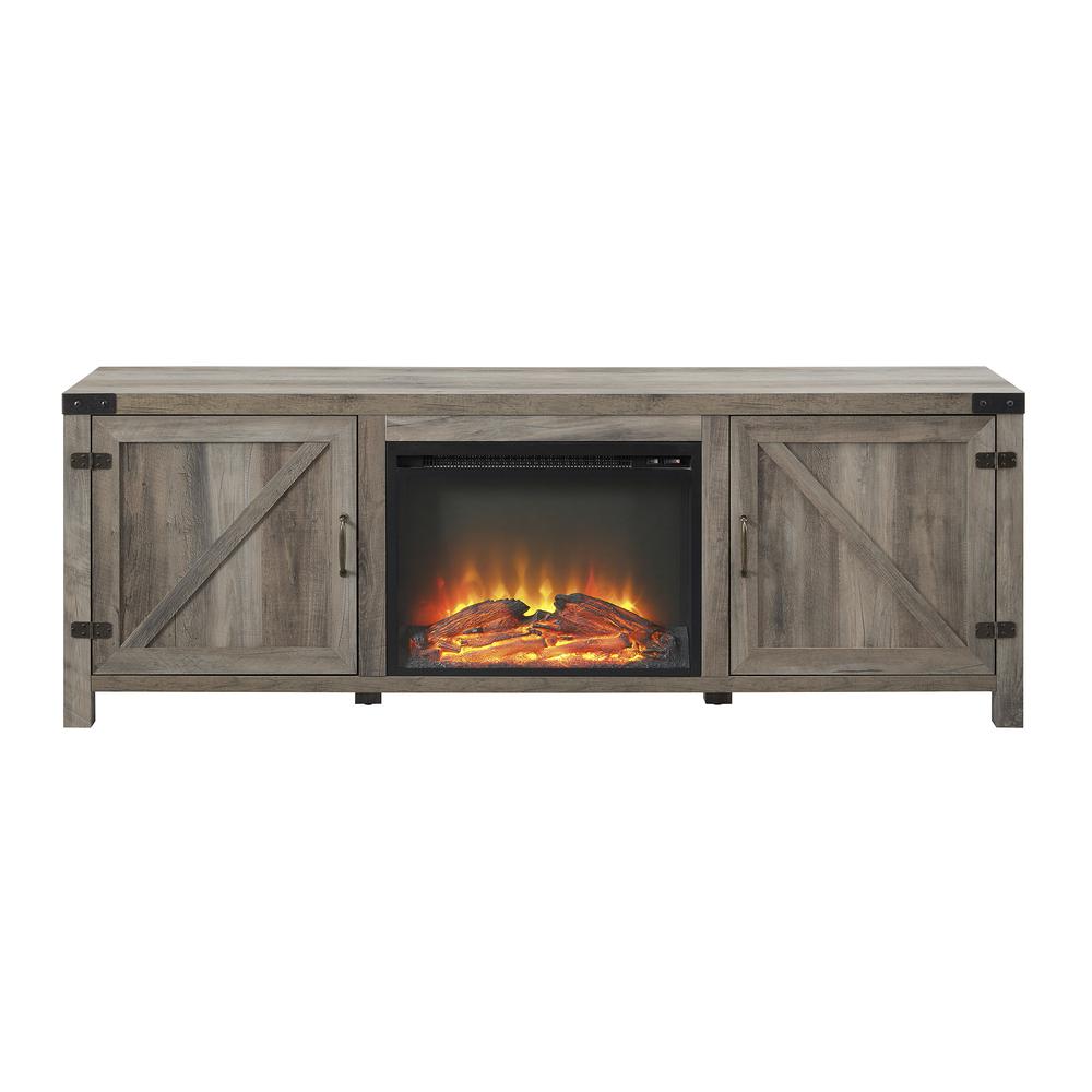 Farmhouse Barn Door Fireplace TV Stand for TVs up to 80” – Grey Wash. Picture 2