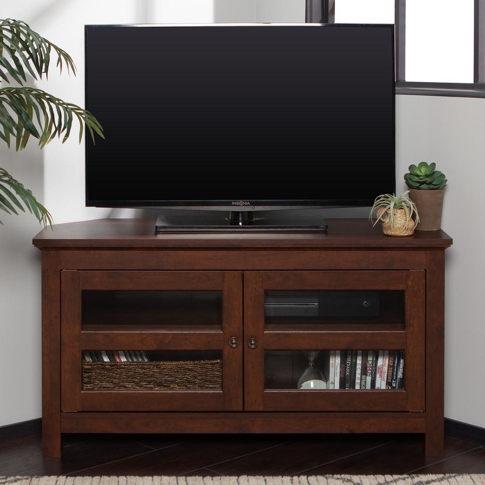 44" Brown Wood Corner TV Stand Console. Picture 1