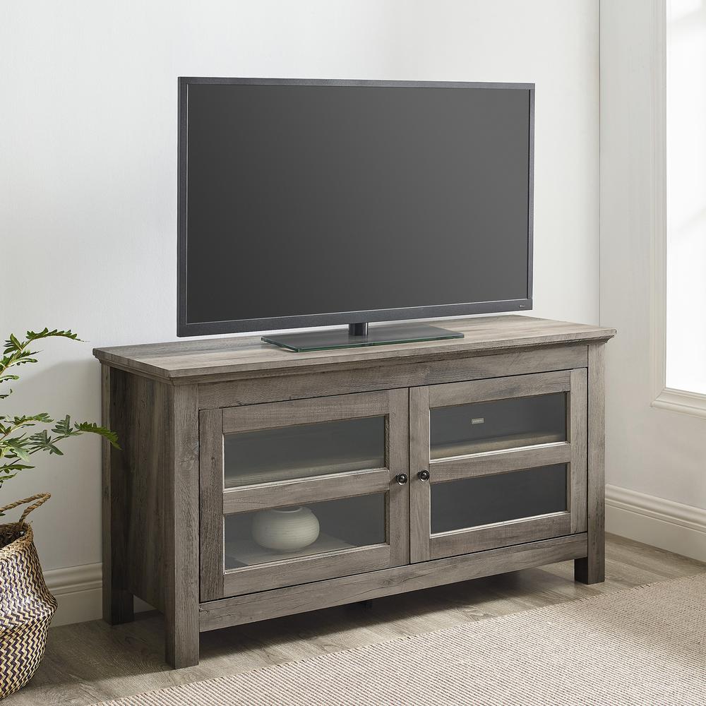 44" Wood TV Media Stand Storage Console - Grey Wash. Picture 2