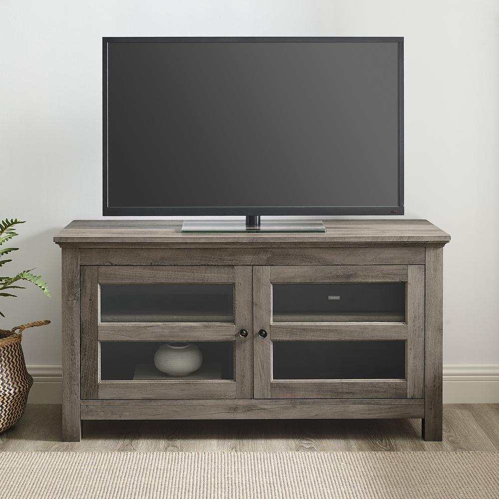 44" Wood TV Media Stand Storage Console - Grey Wash. Picture 6