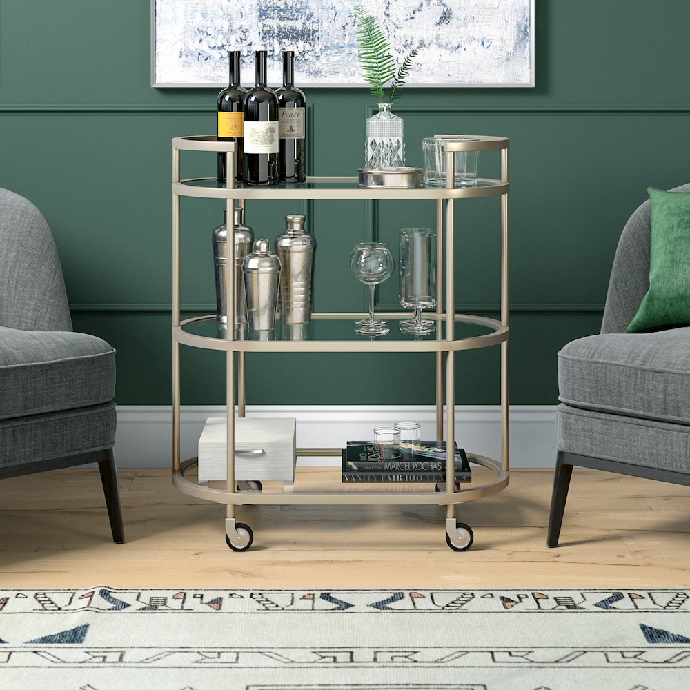 Leif 30'' Wide Oval Bar Cart in Satin Nickel. Picture 9