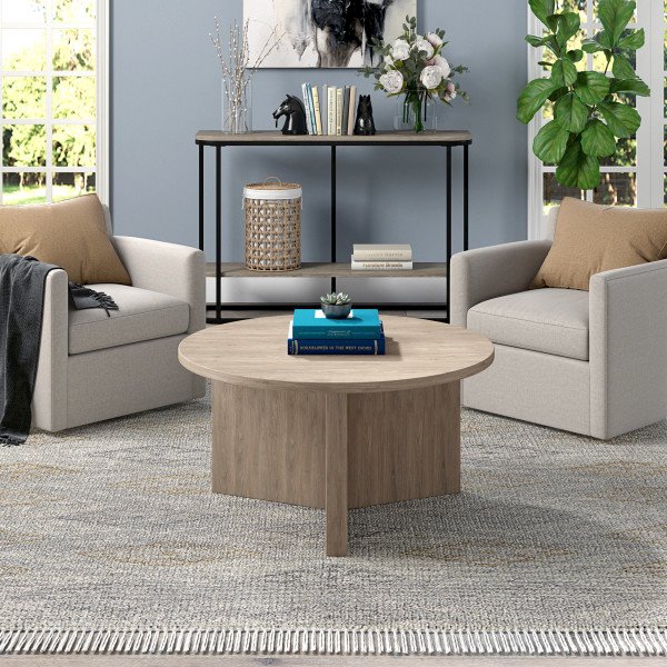 Anders 32" Wide Round Coffee Table in Antiqued Gray Oak. Picture 5