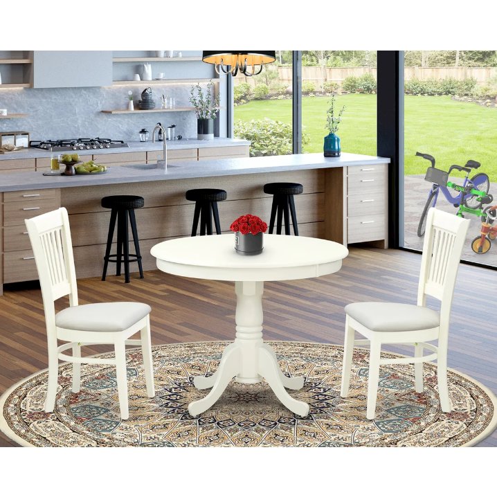 ANVA3-LWH-C - 3-Pc Dining Room Table Set- 2 Wooden Chairs and Round Dining Table - Linen Fabric Seat and Slatted Chair Back (Linen White Finish). Picture 1