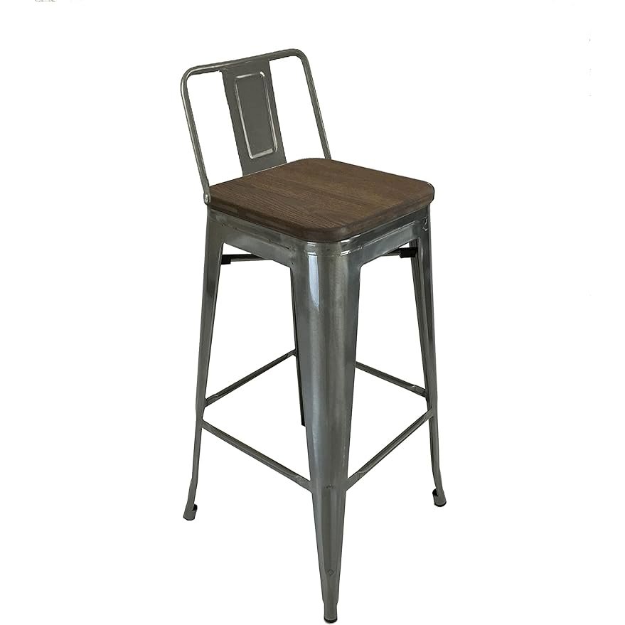 Metal Barstool W/ Backrest+Wood Seat, Natural, Set Of 4. Picture 1