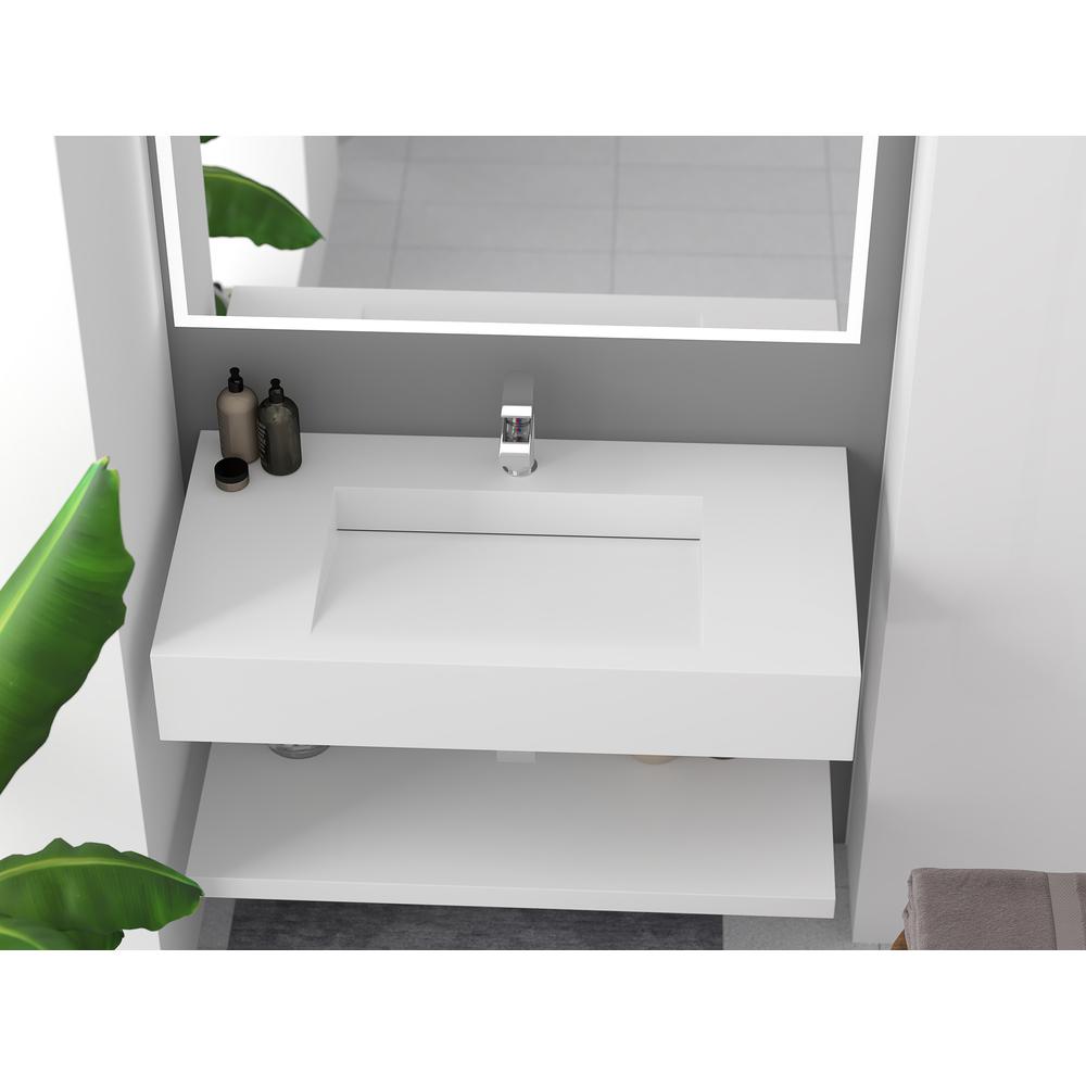 Wall-Mounted Solid Surface Single Bathroom Sink with Ramp Basin in White. Picture 5