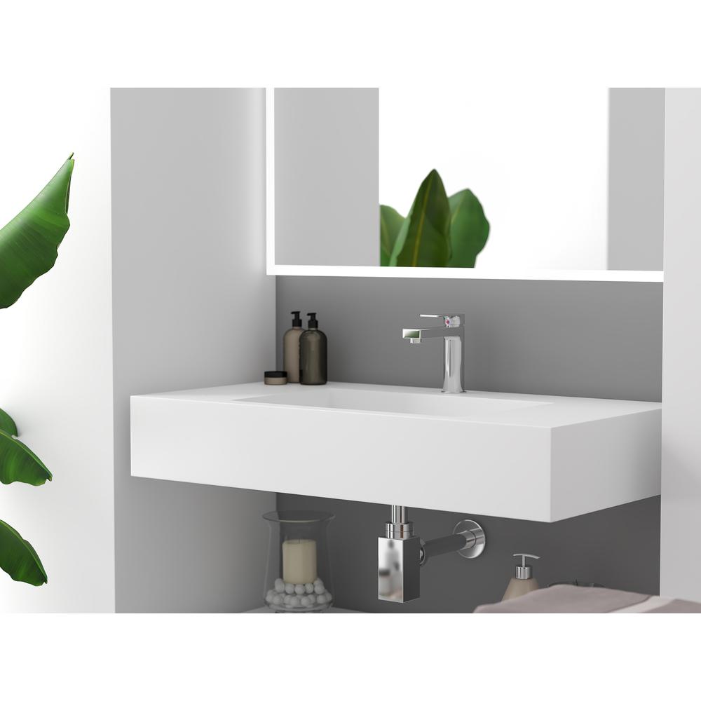 Wall-Mounted Solid Surface Single Bathroom Sink with Ramp Basin in White. Picture 4