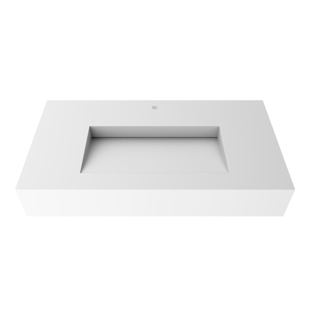 Wall-Mounted Solid Surface Single Bathroom Sink with Ramp Basin in White. Picture 1