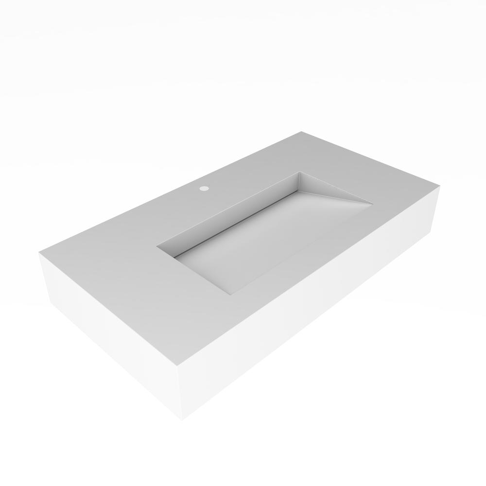 Wall-Mounted Solid Surface Single Bathroom Sink with Ramp Basin in White. Picture 2