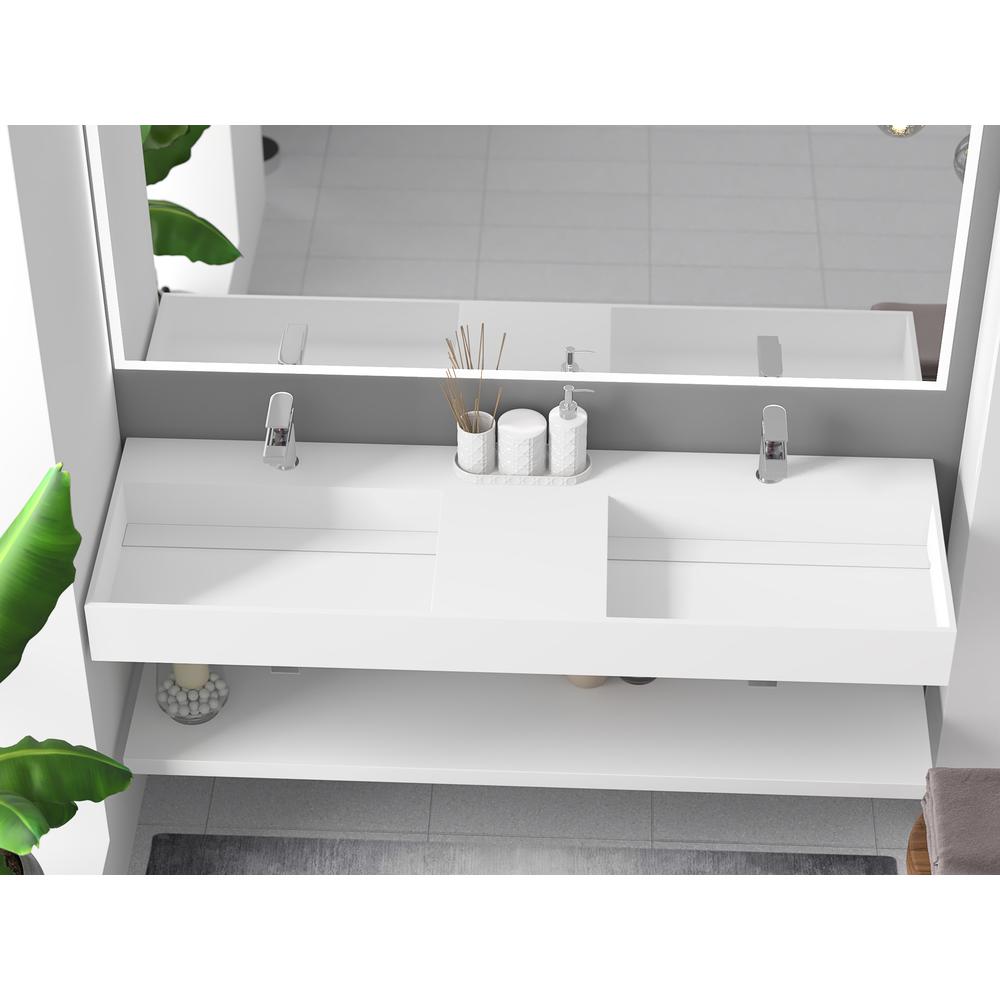 Wall-Mounted  Double Bathroom Sink with Concealed Drain Plate in White. Picture 6