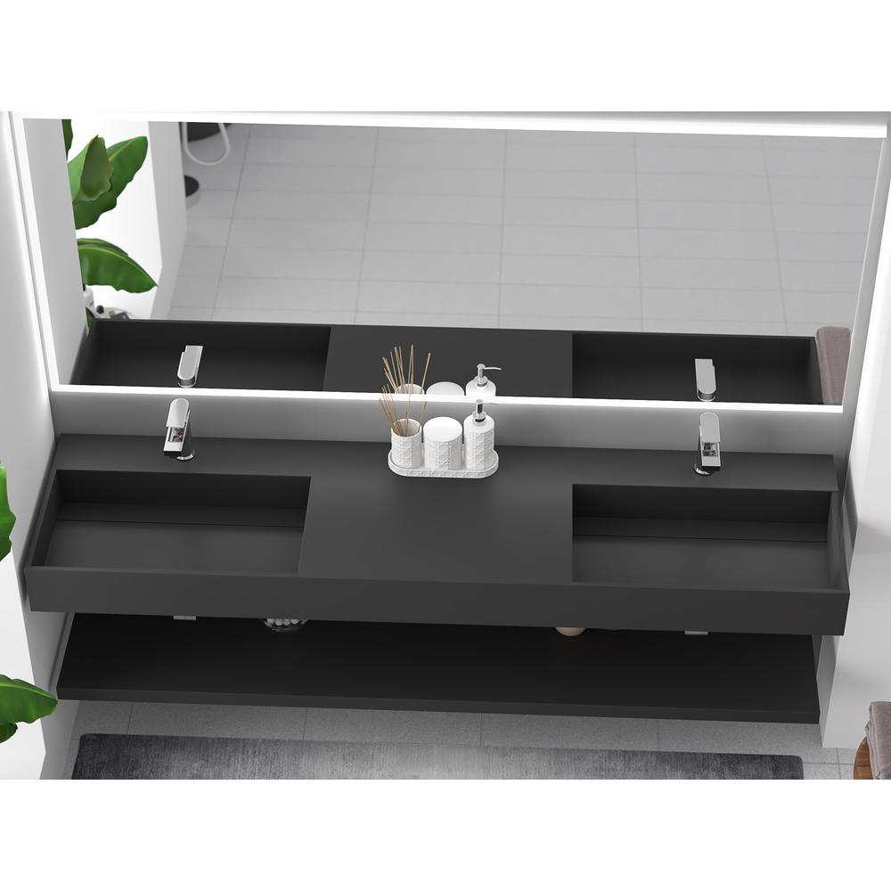 Wall-Mounted  Double Bathroom Sink with Concealed Drain Plate in Black. Picture 7