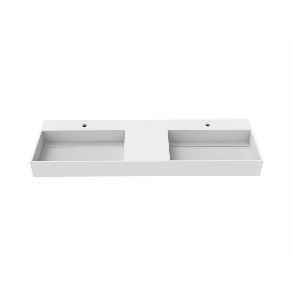 Wall-Mounted  Double Bathroom Sink with Concealed Drain Plate in White. Picture 1