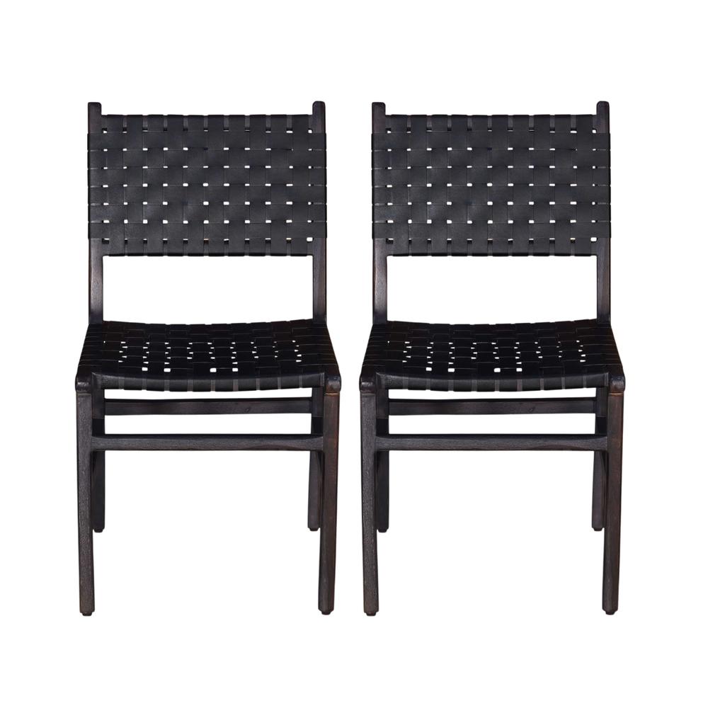 Callahan Acacia Wood and Leather Dining Chair, Black (set of 2). Picture 1