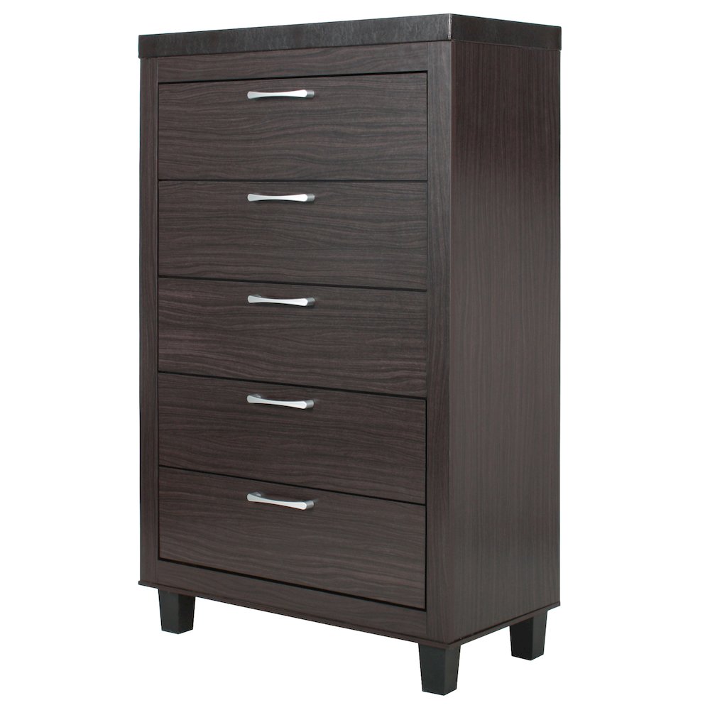 Better Home Products Elegant 5 Drawer Chest of Drawers for Bedroom in Tobacco. Picture 3
