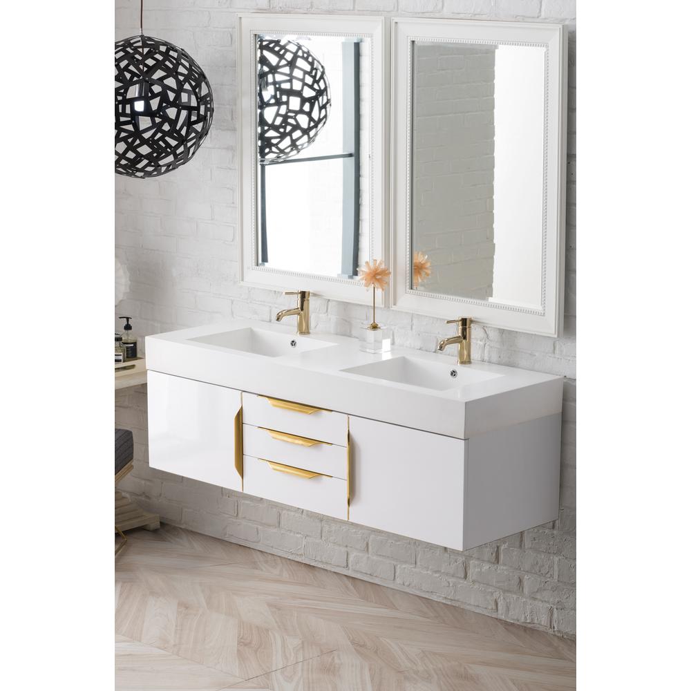 59" Double Vanity, Glossy White, Radiant Gold w/ Glossy White Composite Top. Picture 3