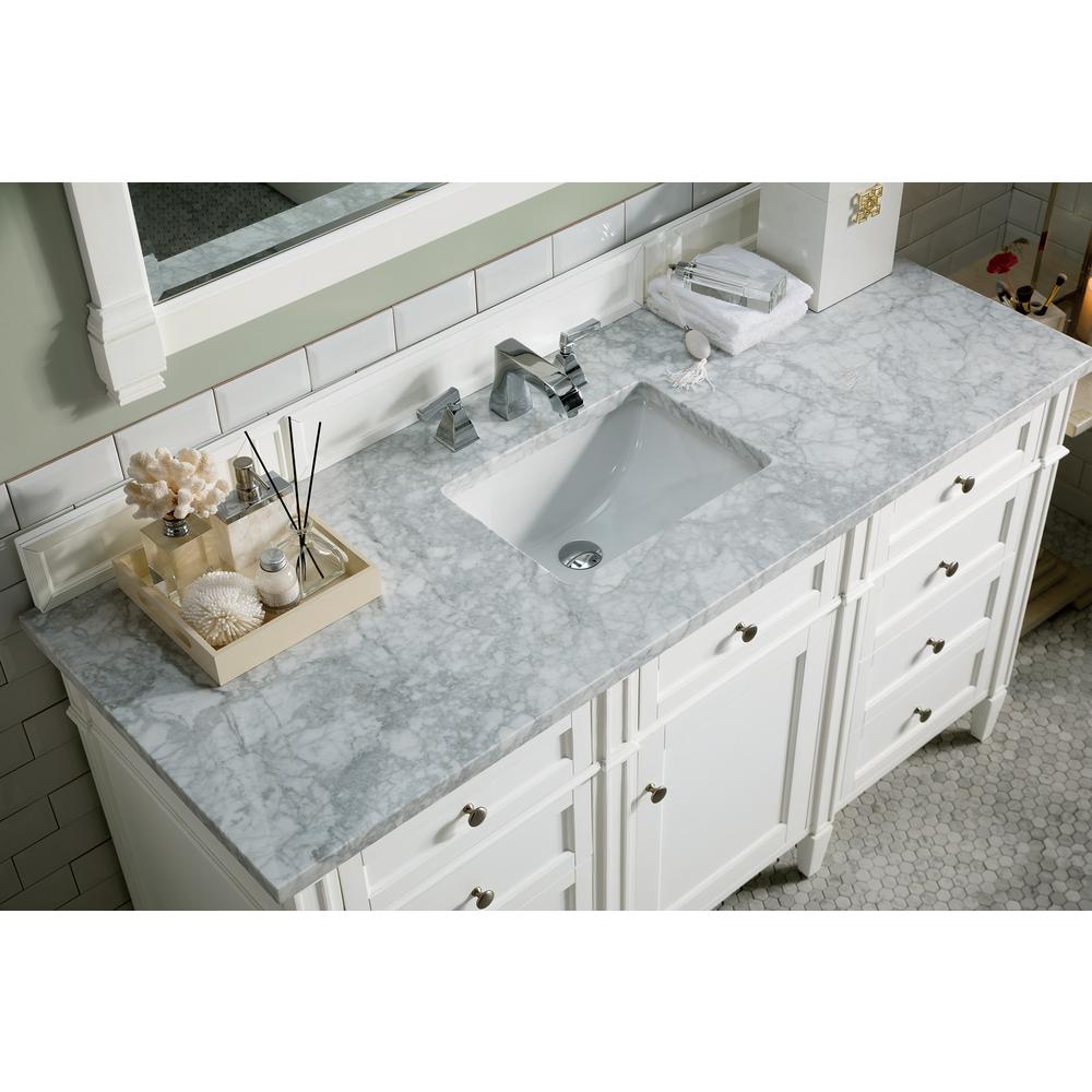 Brittany 60" Bright White Single Vanity w/ 3 CM Carrara Marble Top. Picture 5