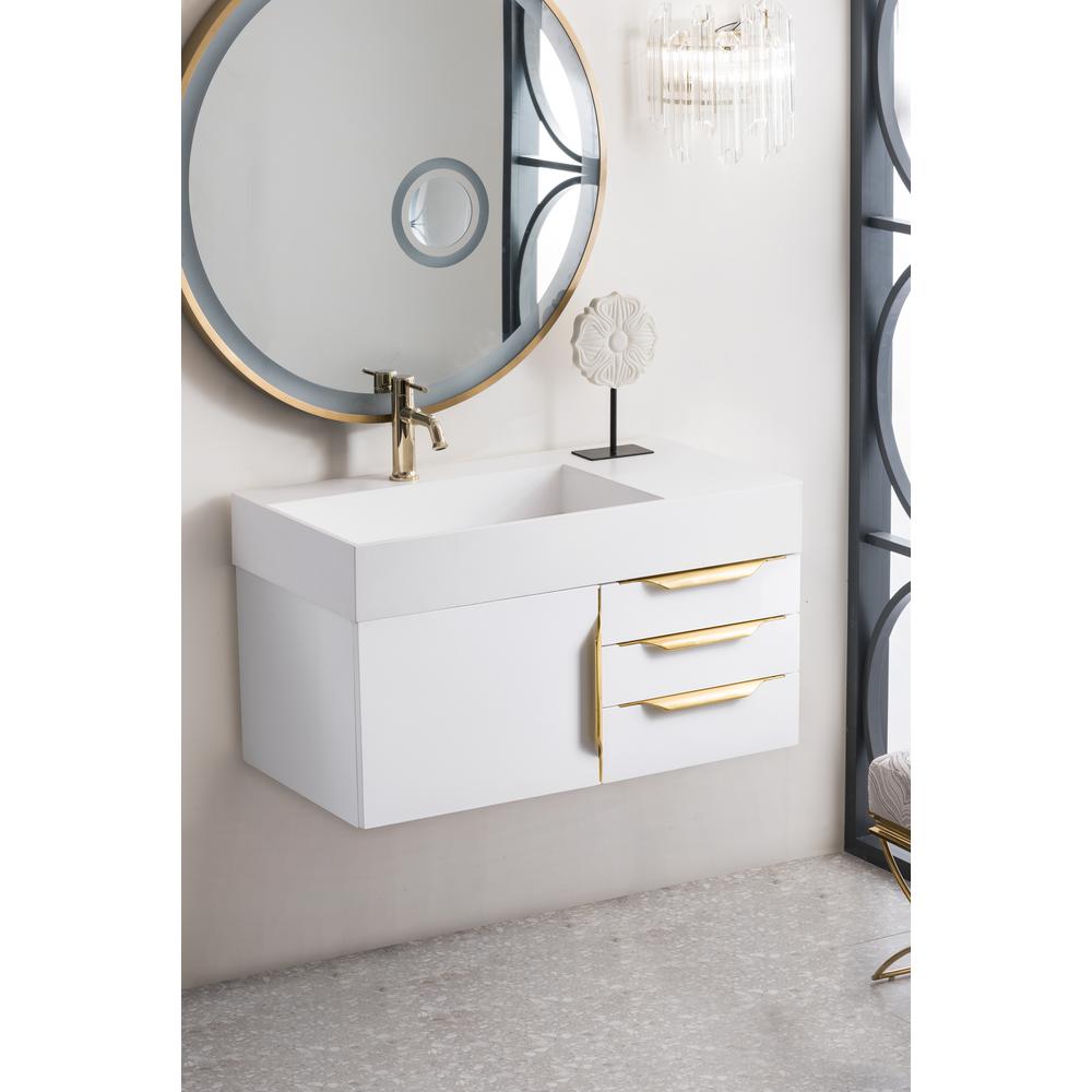36" Single Vanity, Glossy White, Radiant Gold w/ Glossy White Composite Top. Picture 3