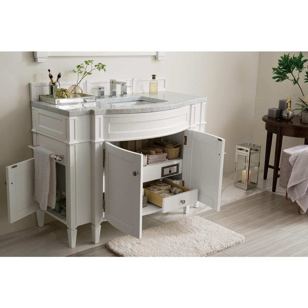 Brittany 46" Single Vanity, Bright White w/ 3 CM Carrara Marble Top. Picture 4