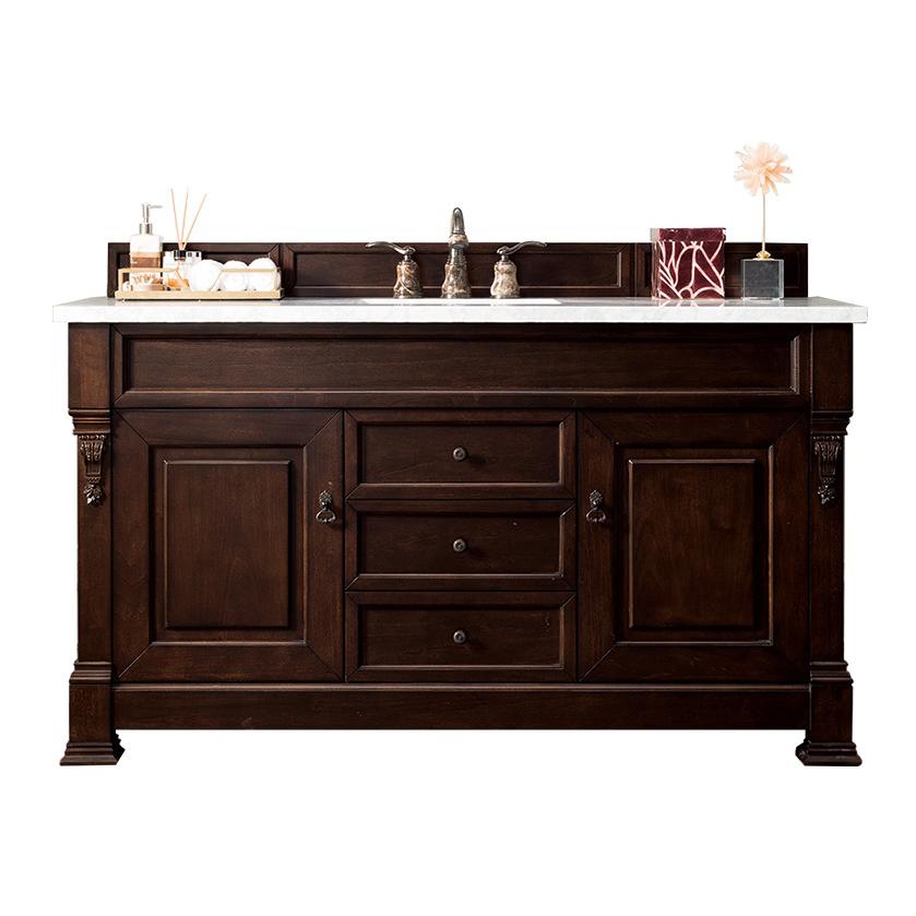 Brookfield 60" Single Vanity, Burnished Mahogany w/ 3 CM Carrara Marble Top. Picture 1