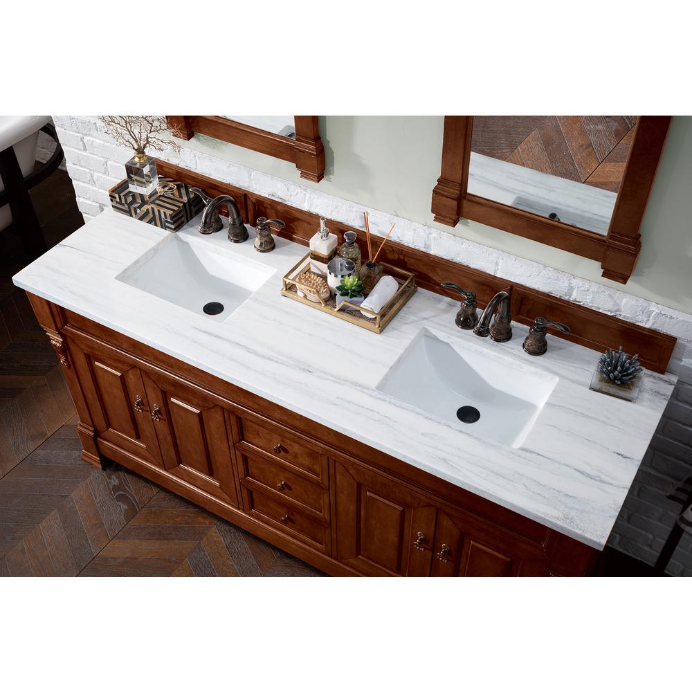 Brookfield 72" Double Vanity, Warm Cherry w/ 3 CM Arctic Fall Solid Surface Top. Picture 3