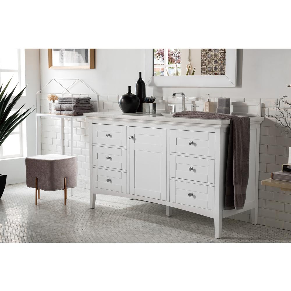 Palisades 60" Single Vanity, Bright White w/ 3 CM Arctic Fall Solid Surface Top. Picture 7