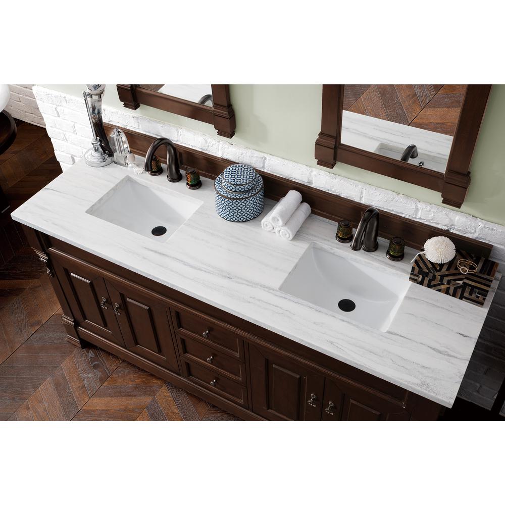 72" Double Vanity, Burnished Mahogany w/ 3 CM Arctic Fall Solid Surface Top. Picture 3