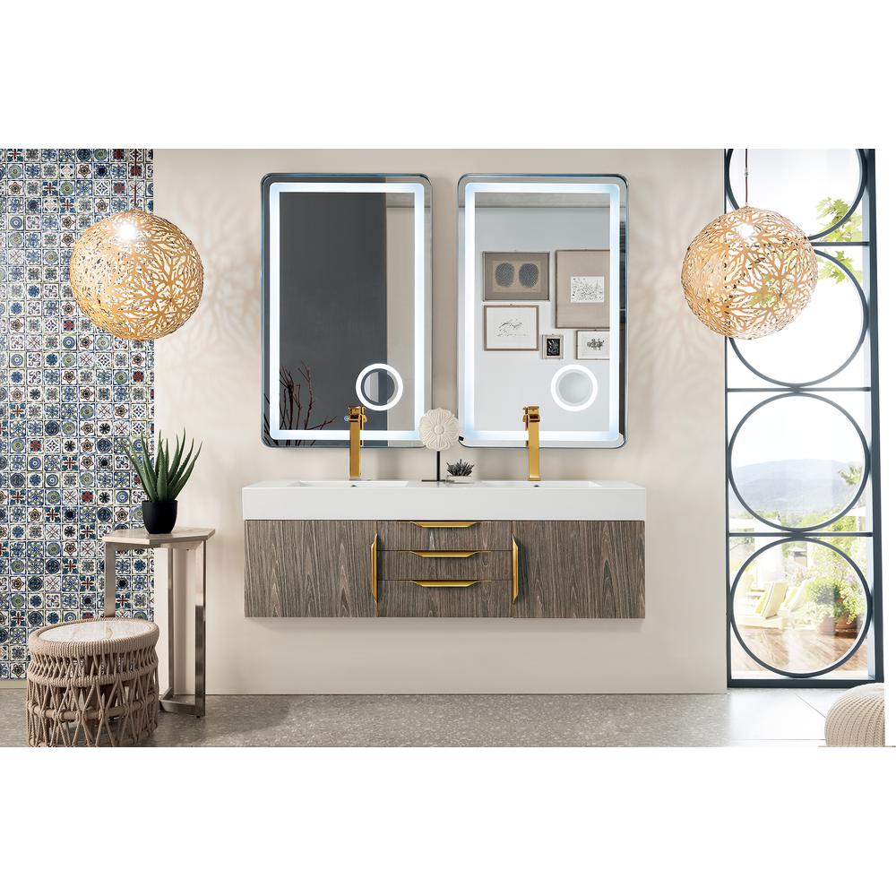59" Double Vanity, Ash Gray, Radiant Gold w/ Glossy White Composite Top. Picture 2