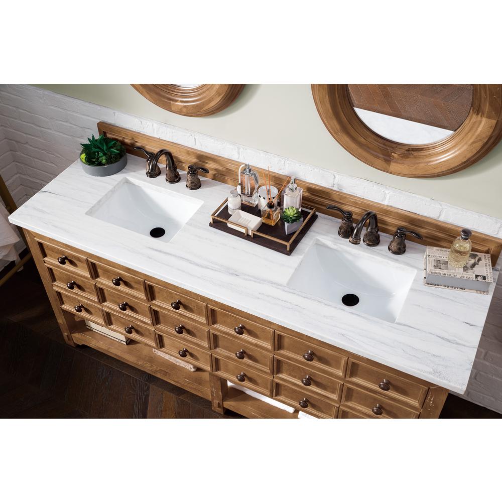 Malibu 72" Double Vanity, Honey Alder w/ 3 CM Arctic Fall Solid Surface Top. Picture 3
