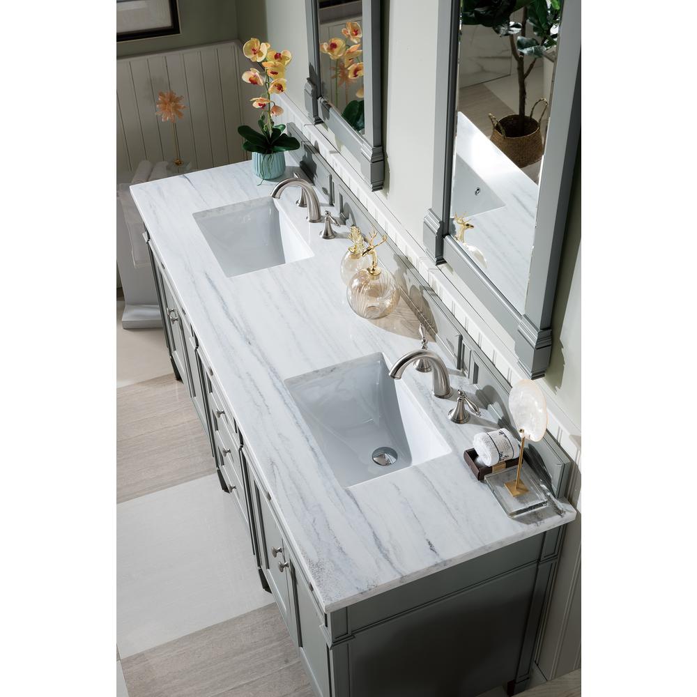 Brittany 72" Urban Gray Double Vanity w/ 3 CM Arctic Fall Solid Surface Top. Picture 3