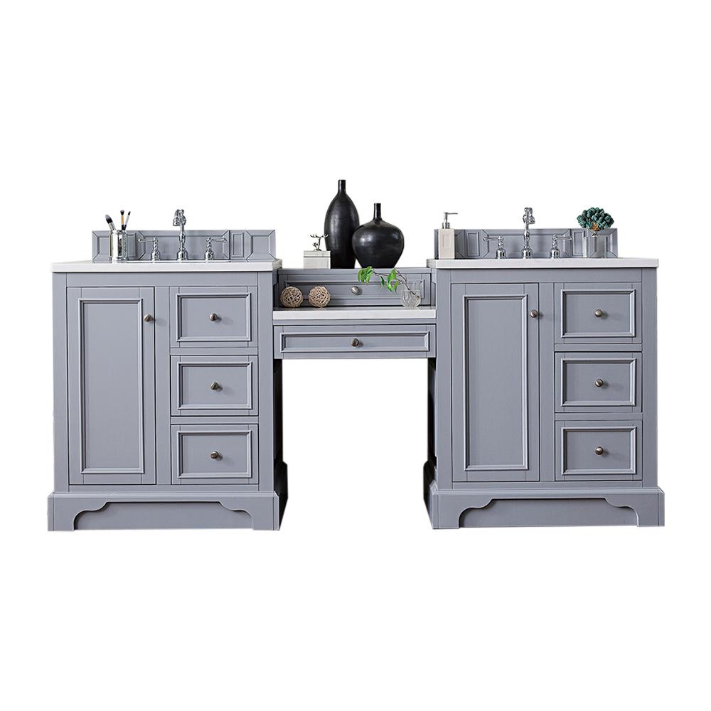 82" Double Vanity Set, Silver Gray w/ Makeup Table, Solid Surface Top. Picture 1