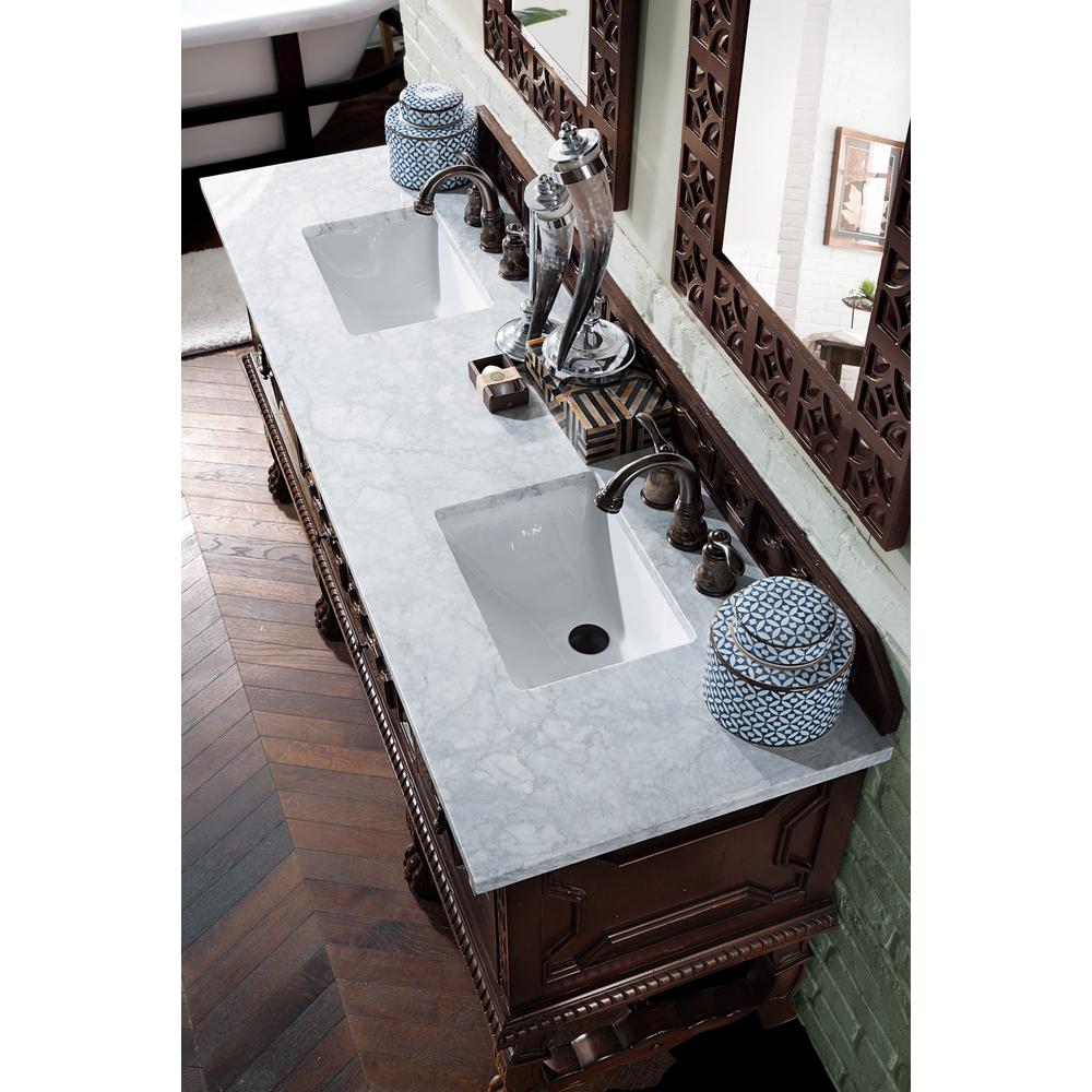 Balmoral 72" Antique Walnut Double Vanity w/ 3 CM Carrara Marble Top. Picture 6