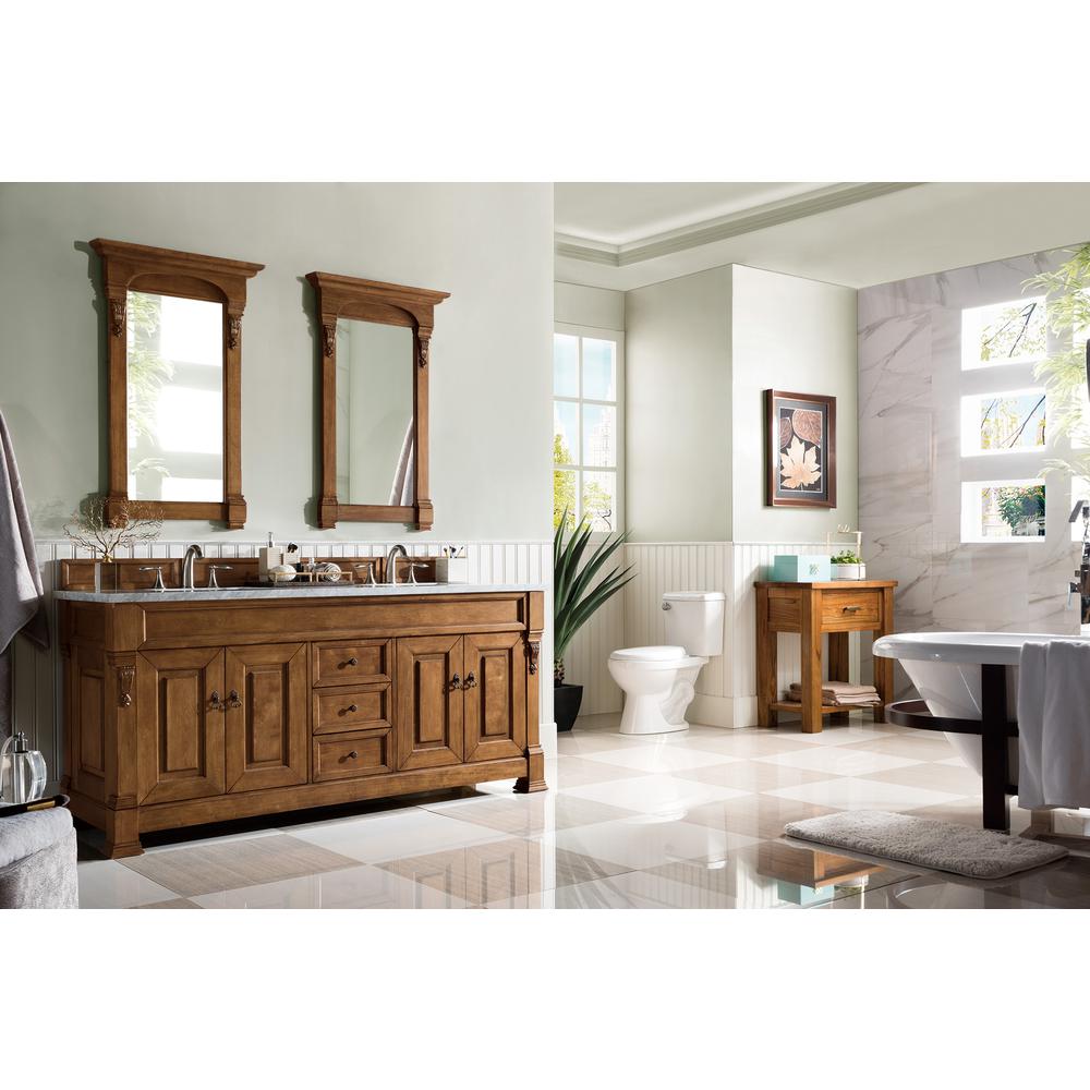 Brookfield 72" Double Vanity, Country Oak w/ 3 CM Carrara Marble Top. Picture 3