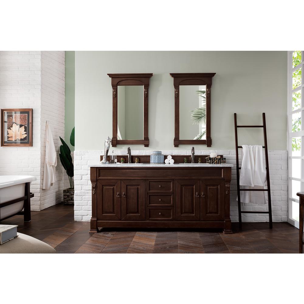 Brookfield 72" Double Vanity, Burnished Mahogany w/ 3 CM Carrara Marble Top. Picture 2