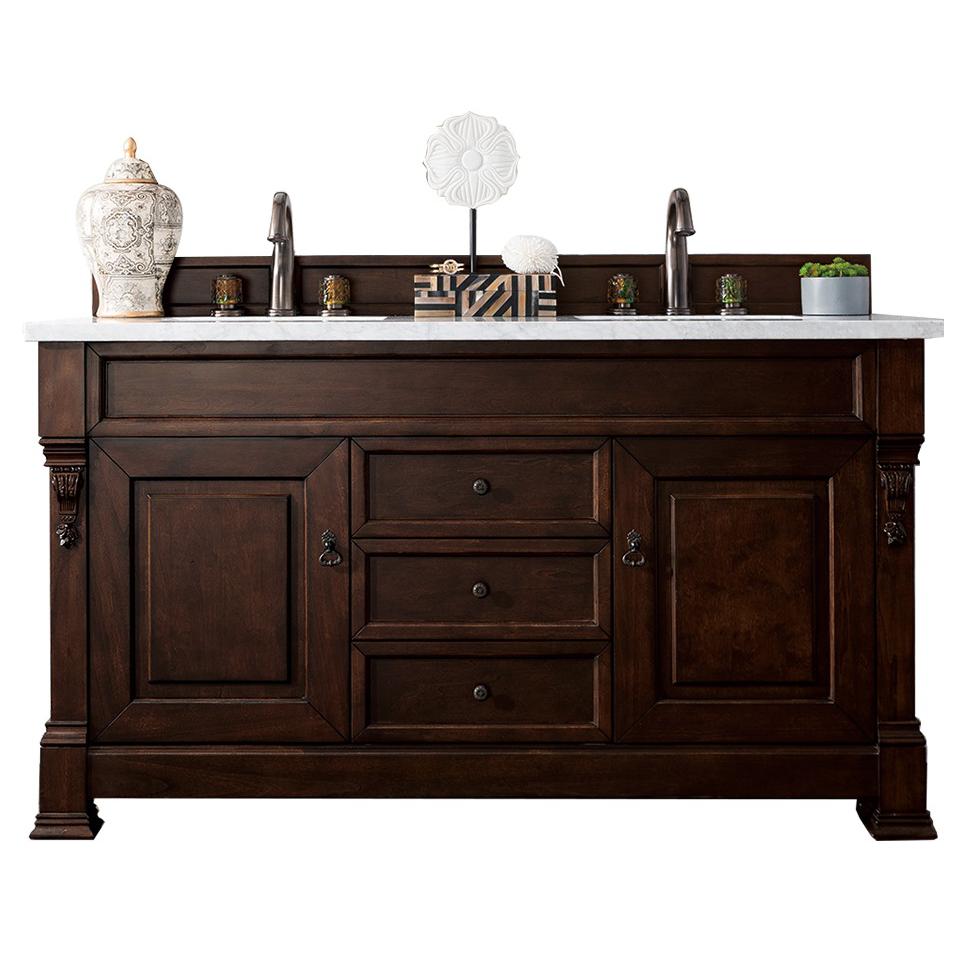Brookfield 60" Double Vanity, Burnished Mahogany w/ 3 CM Carrara Marble Top. Picture 1