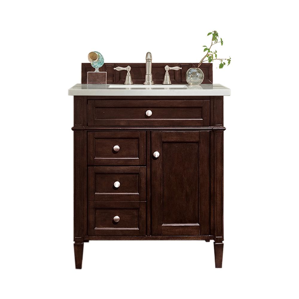 Brittany 30" Single Vanity, Burnished Mahogany w/ 3 CM Carrara Marble Top. Picture 1