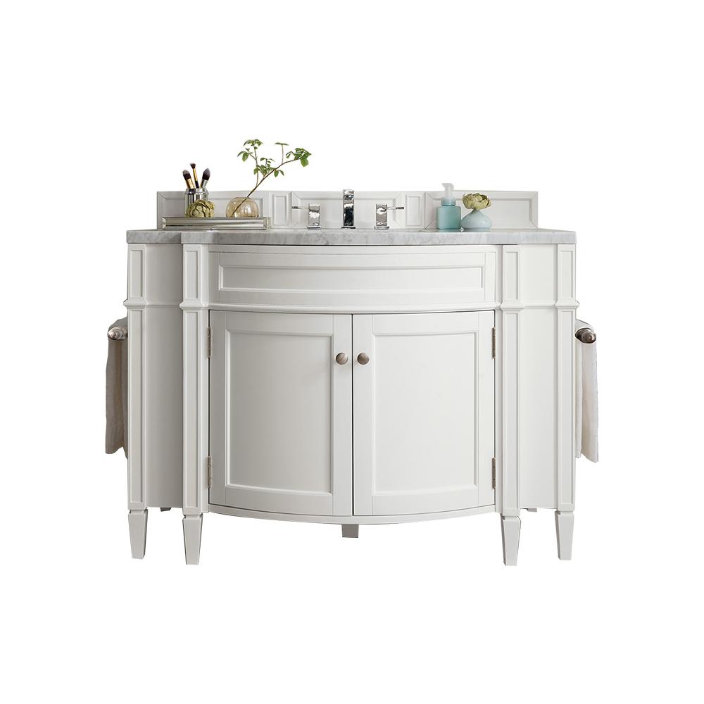 Brittany 46" Single Vanity, Bright White w/ 3 CM Carrara Marble Top. Picture 1
