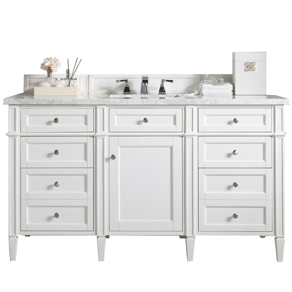 Brittany 60" Bright White Single Vanity w/ 3 CM Carrara Marble Top. Picture 1
