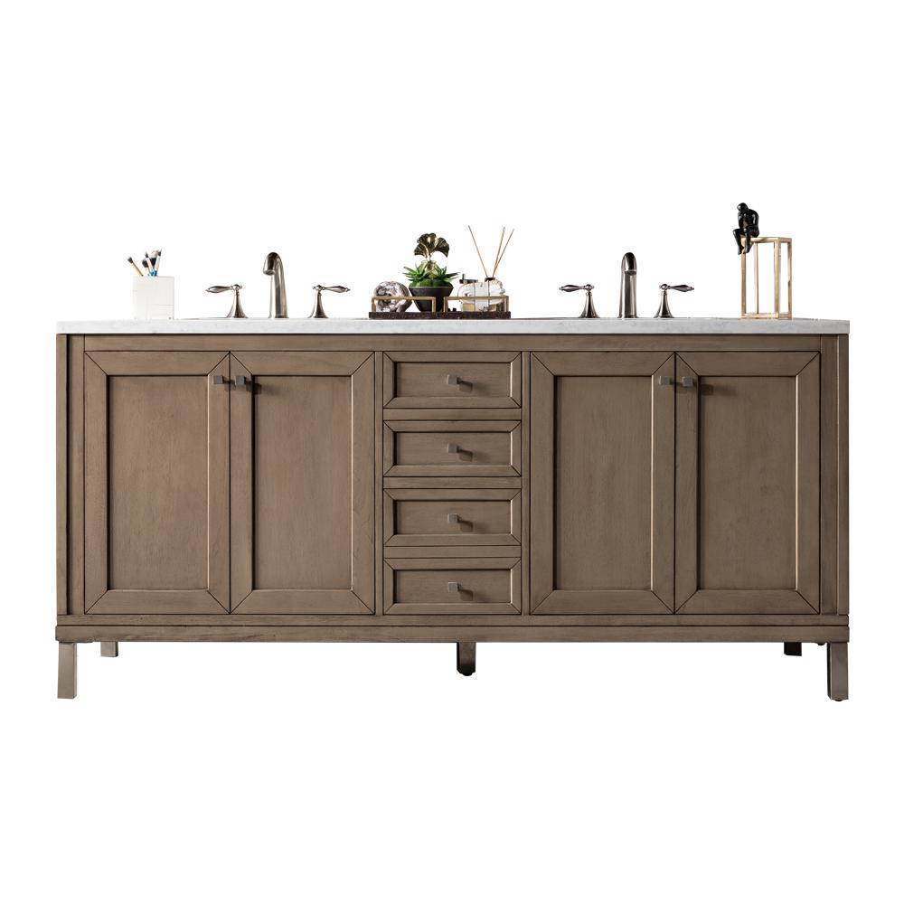 Chicago 72" Double Vanity, Whitewashed Walnut w/ 3 CM Carrara Marble Top. Picture 1