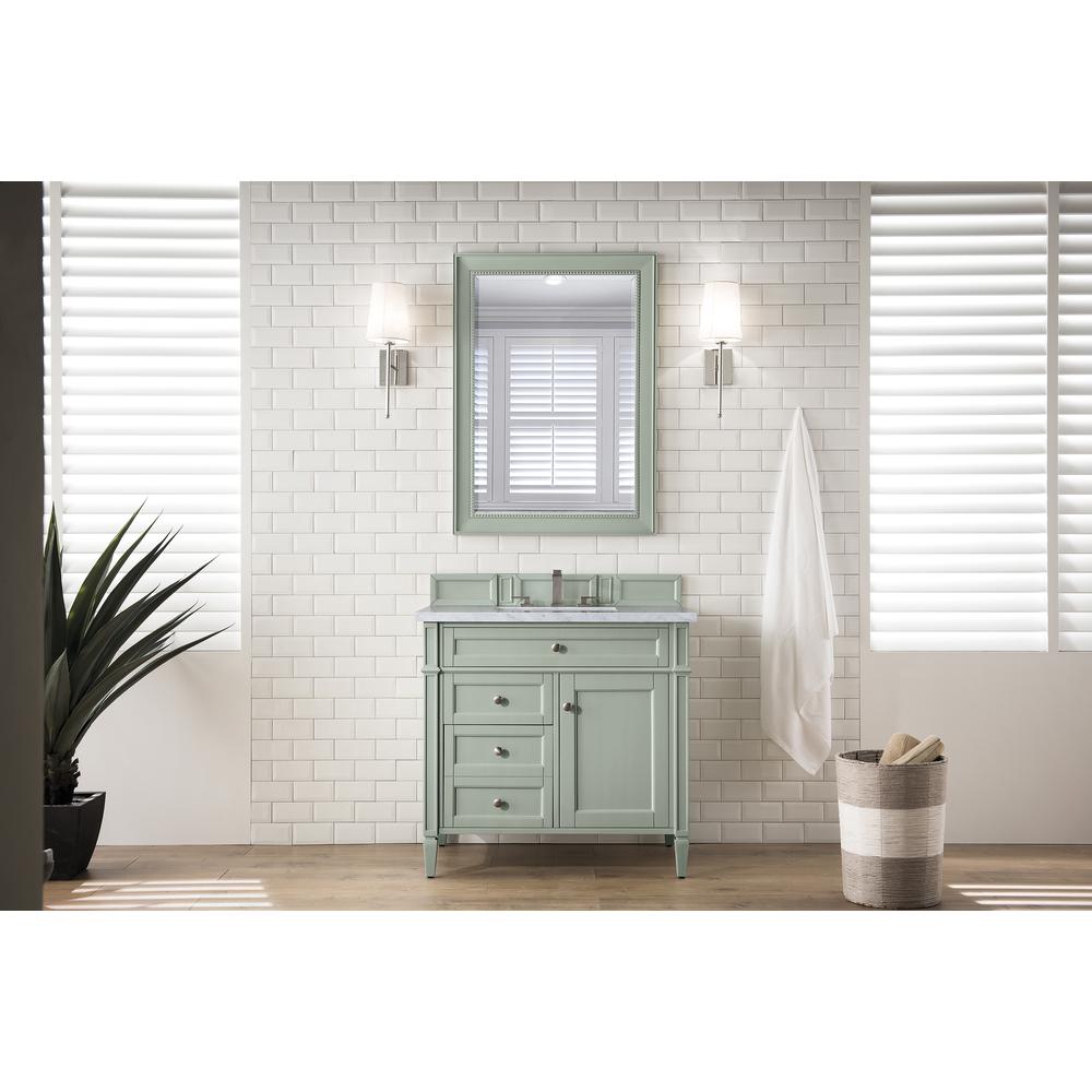 Brittany 36" Sage Green Single Vanity w/ 3 CM Carrara Marble Top. Picture 2