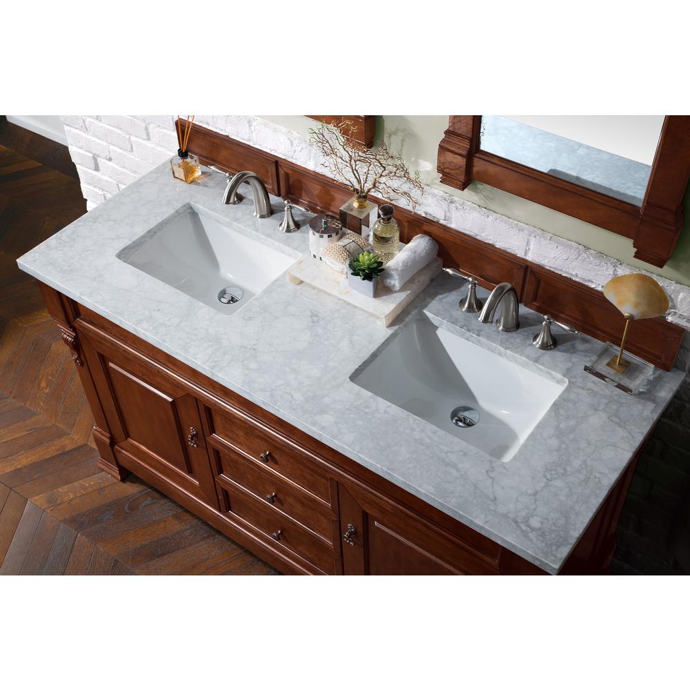 Brookfield 60" Double Vanity, Warm Cherry w/ 3 CM Carrara Marble Top. Picture 3