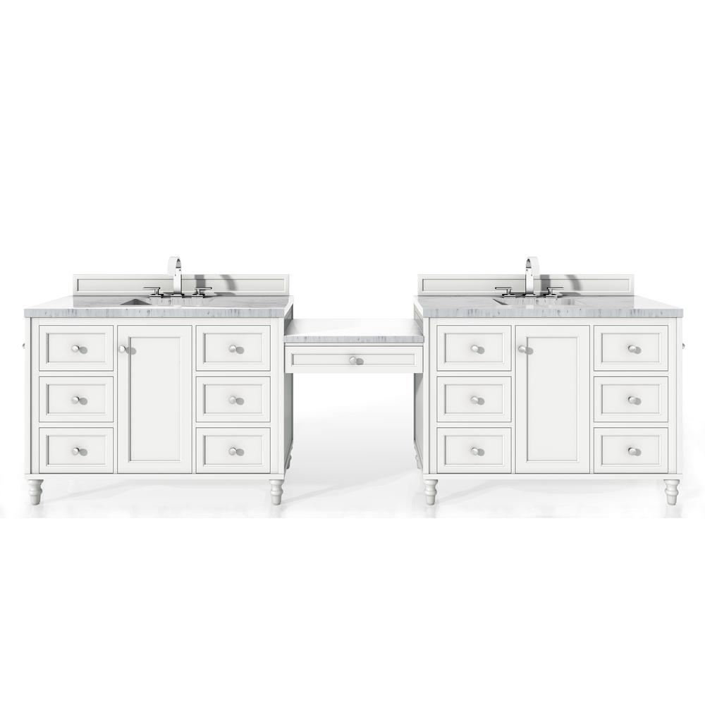 122" Double Vanity Set, Bright White w/ Makeup Table, Solid Surface Top. Picture 1