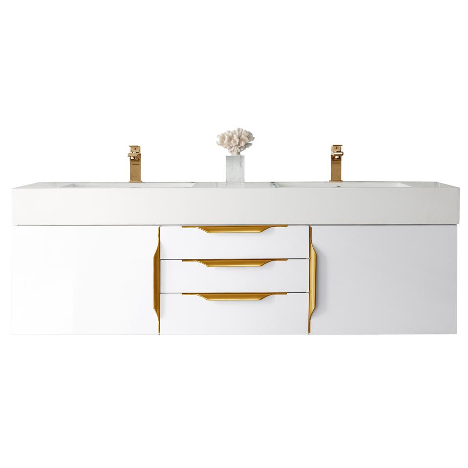 59" Double Vanity, Glossy White, Radiant Gold w/ Glossy White Composite Top. Picture 1