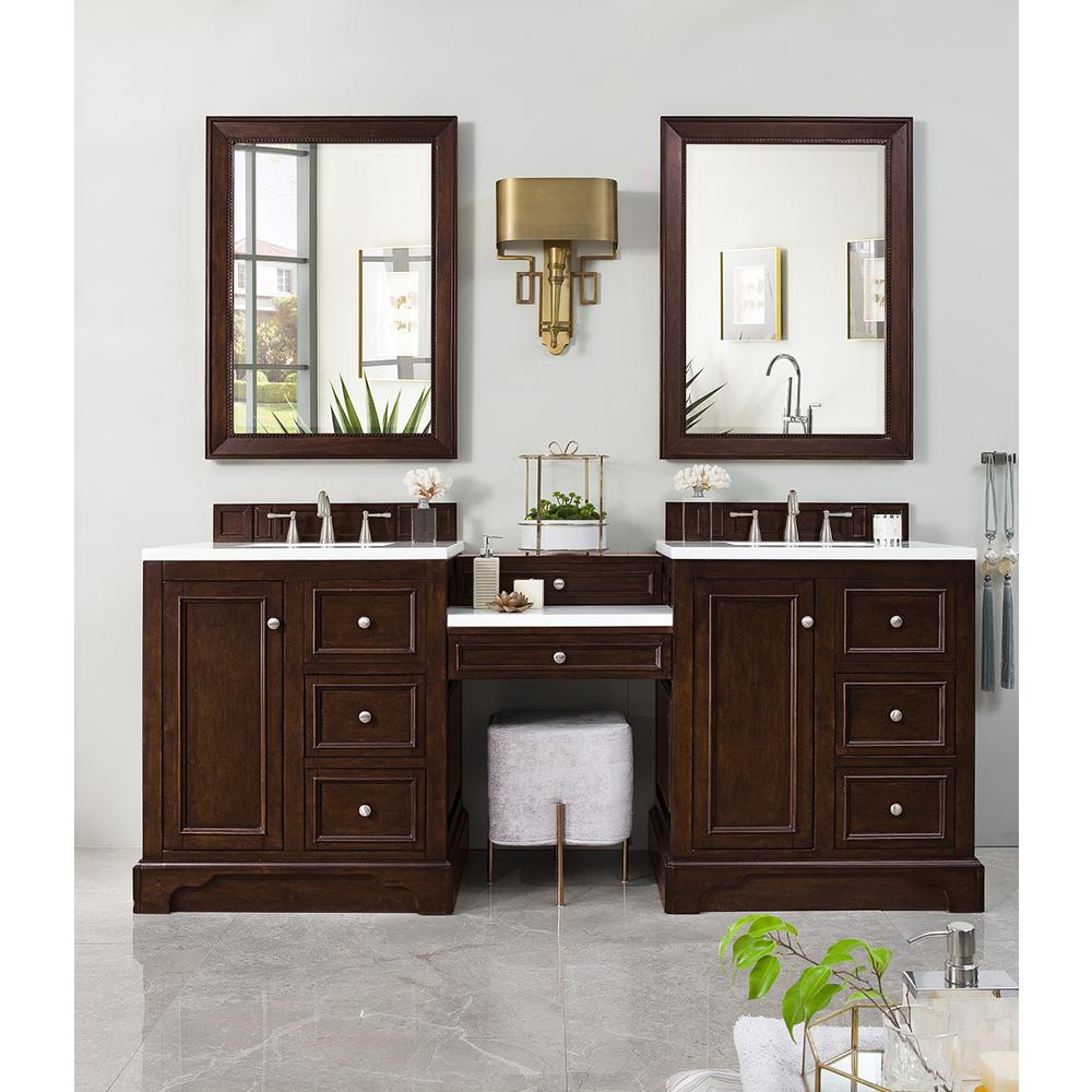 82" Double Vanity Set, Burnished Mahogany w/ Makeup Table, Solid Surface Top. Picture 3