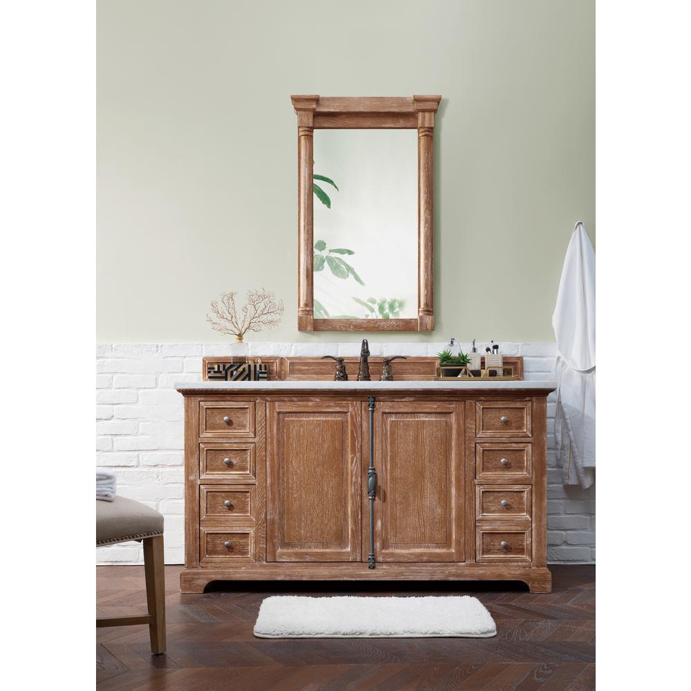 Providence 60" Driftwood Single Vanity w/ 3 CM Arctic Fall Solid Surface Top. Picture 2