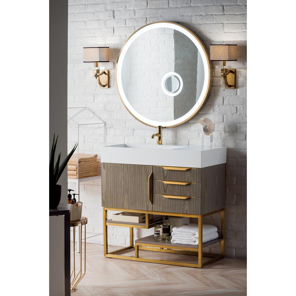 Columbia 36" Single Vanity, Ash Gray, Radiant Gold w/ Glossy White Composite Top. Picture 3
