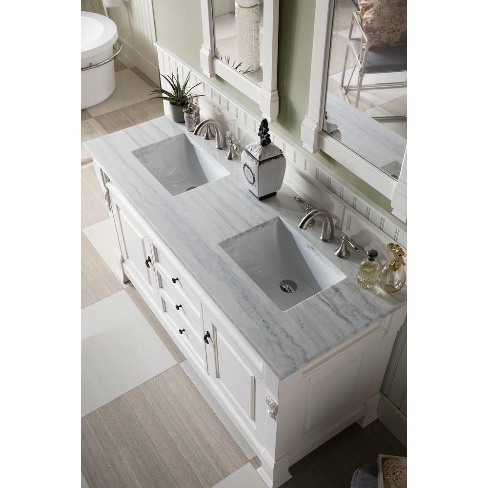 Brookfield 60" Double Vanity, Bright White w/ 3 CM Arctic Fall Solid Surface Top. Picture 2